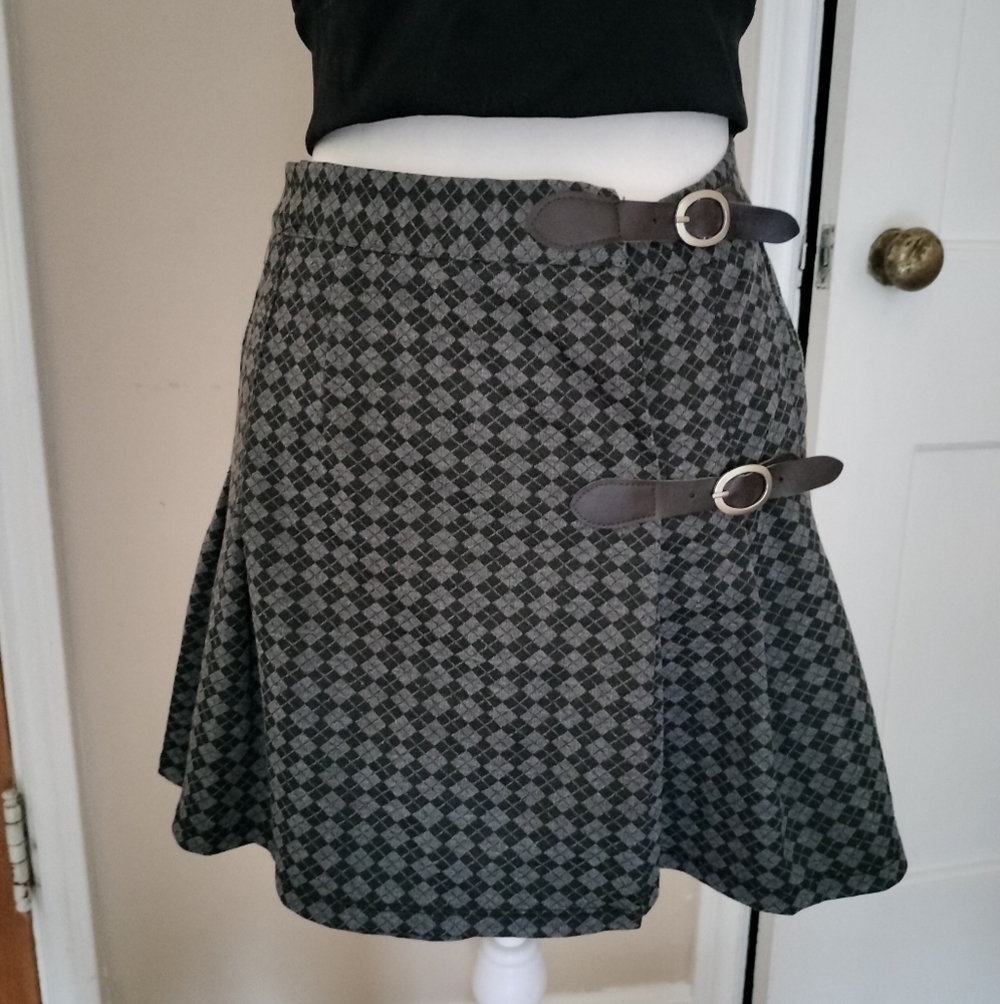 Full Tilt Academia Stylish Gray Checkered Skirt with Buckle Accents